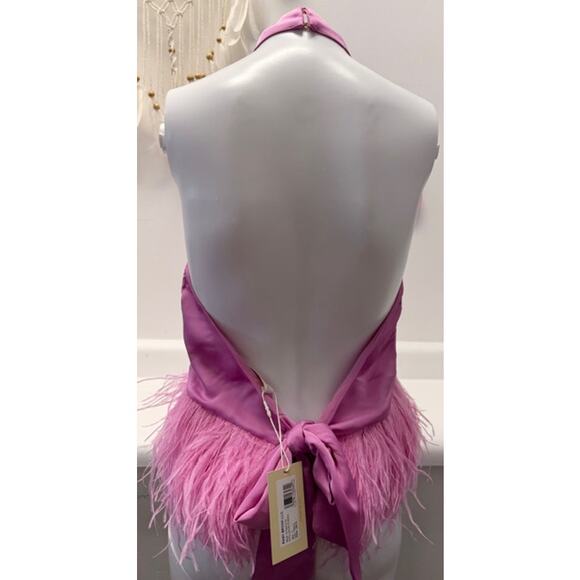 RAMY BROOK Faux Feather Trim Halter Top In Pink Rose - Picture 4 of 4